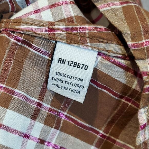 Cowgirl Hardware Sz S Brown Pink Metallic Plaid Studded Pearl Snap Western Shirt - Picture 9 of 9